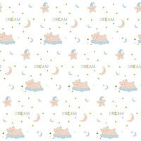 Seamless pattern with a cute sleeping bear on a cloud, a star and a moon in pink and blue. Good night and sweet dreams. Cartoon kids texture and background. Vector illustration