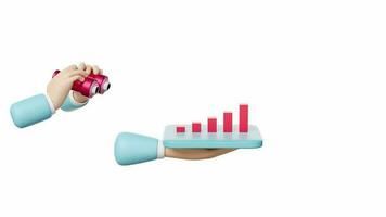 3d Diagramme und Graph mit Geschäftsmann Hände halten Fernglas, Analyse Geschäft finanziell Daten isoliert auf Weiß Hintergrund. Geschäft Strategie, Lager Markt Uhr Konzept, 3d Animation video