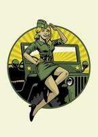 Vintage Military Pin Up Girl posing on the Car Hood vector