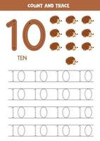 Trace numbers. Number 10 ten. Cute hedgehogs. vector