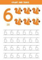 Trace numbers. Number 6 six. Cute squirrels. vector