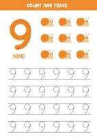 Trace numbers. Number 9 nine. Cute snails. vector