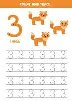 Trace numbers. Number 3 three. Cute cartoon foxes. vector