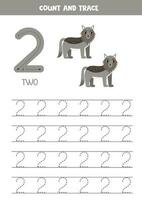 Trace numbers. Number 2 two. Cute cartoon wolves. vector