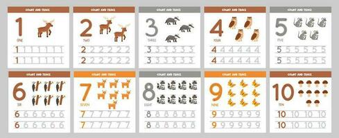 Collection of flashcards for learning numbers for children. Cute forest animals. vector