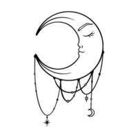 Tarot crescent moon sketch. Spiritual tarot moon with face. Vector illustration
