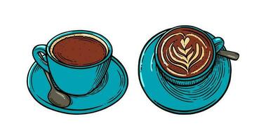 Coffee cups with cappuccino. Sketch of coffee mugs. Vector illustration