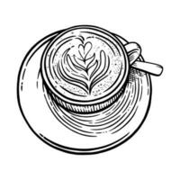 Coffee cup with cappuccino. Black and white sketch of coffee mug. Vector illustration