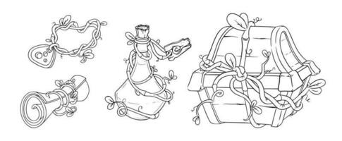 Magic game items with chest, potion, scroll and amulet. Sketch of druid game objects. Vector illustration