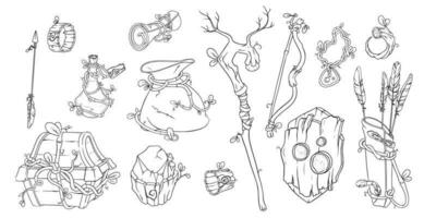 Magic game items with wand, chest, potion and other props. Sketch of druid game objects. Vector illustration