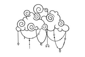 Tarot cloud sketch. Curly cloud with lunar and star pendants. Vector illustration