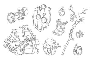 Magic game items with wand, chest, potion and other props. Sketch of druid game objects. Vector illustration