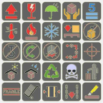 Icon set of packaging sign. Packaging symbol elements. Icons in embossed style. Good for prints, posters, logo, product packaging, sign, expedition, etc.