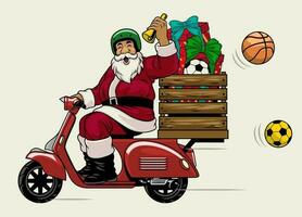 Papa Noel claus montando clásico antiguo scooter entregando Navidad regalos vector