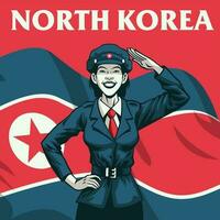 North Korea Women Army Saluting with Flag Background vector