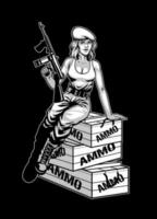 monocromo mujer soldado participación tommy pistola y sentado en el munición cajas vector