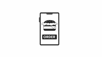 Fastfood order screen bw animation. Animated mobile phone with fast food delivery 2D flat monochromatic thin line object. Burger 4K video concept footage with alpha channel transparency for web design