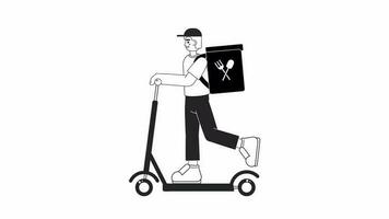 nourriture livrer sur scooter bw animation. Fast food courrier avec sac à dos équitation isolé 2d plat monochromatique mince ligne personnage 4k vidéo métrage sur blanc avec alpha canal transparence pour la toile conception video