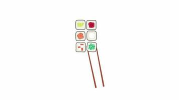 Animated chopsticks with maki. Flat cartoon style icon 4K video footage for web design. Japanese cuisine isolated colorful object animation on white background with alpha channel transparency