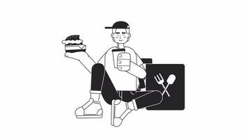 entregar chico toma descanso bw animación. rápido comida mensajero Bebiendo con hamburguesa aislado 2d plano monocromo Delgado línea personaje 4k vídeo imágenes en blanco con alfa canal transparencia para web diseño video