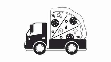 Pizza delivery lorry bw animation. Animated fast food service truck 2D flat monochromatic thin line object. Pizzeria transport 4K video concept footage with alpha channel transparency for web design