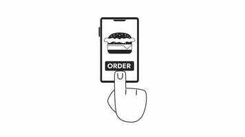 Burger commande mobile app bw animation. Animé choisir Burger livraison 2d plat monochromatique mince ligne premier vue main. vite nourriture 4k vidéo concept métrage avec alpha canal transparence pour la toile conception video