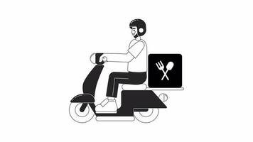 mat leverans på moped bw animation. måltid utrustning kurir förare ridning skoter isolerat 2d platt enfärgad tunn linje karaktär 4k video antal fot på vit med alfa kanal genomskinlighet för webb design