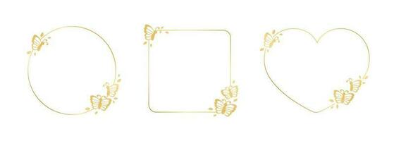 Gold butterfly frames vector illustration set. Abstract golden geometric border template for spring and summer. Simple elegant design element.