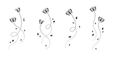 Butterflies silhouette set. Flying Butterfly with Dotted Line Route. Beautiful elegant insects with open wings trail. Vector design elements for spring and summer.