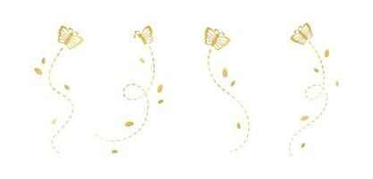 Gold Butterflies Set. Golden Flying Butterfly with Dotted Line Route. Beautiful elegant insects with open wings trail. Vector design elements for spring and summer.