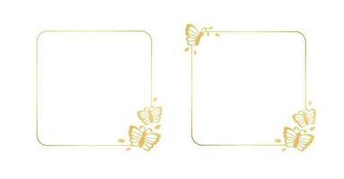 Square gold frame with butterflies silhouette vector illustration set. Abstract golden border for spring summer elegant design elements