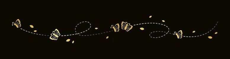 Golden Butterfly Separator Border. Elegant gold butterflies with open wings trail. Vector design elements for spring and summer.