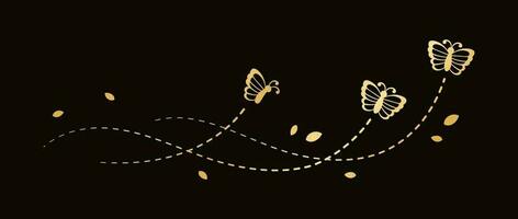 Golden Flying Butterfly with Dotted Line Route. Elegant gold butterflies with open wings trail. Vector design elements for spring and summer.