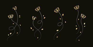 Gold Butterflies Set. Golden Flying Butterfly with Dotted Line Route. Beautiful elegant insects with open wings trail. Vector design elements for spring and summer.