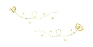 Gold Butterflies Set. Golden Flying Butterfly with Dotted Line Route. Beautiful elegant insects with open wings trail. Vector design elements for spring and summer.