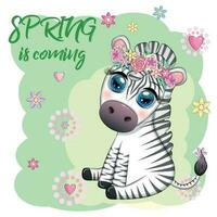 Striped zebra in a wreath of flowers, with a bouquet. Spring is coming vector