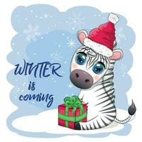 Greeting card with cute zebra in santa hat with christmas ball, candy kane, gift. Wildlife holidays cartoon character. vector