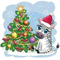 Merry Christmas and Happy New Year greeting card with cute zebra in santa hat with christmas ball, candy kane, gift vector