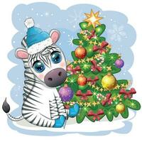 Merry Christmas and Happy New Year greeting card with cute zebra in santa hat with christmas ball, candy kane, gift vector