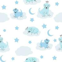 Cute sleeping puppy, clouds, stars, crown, butterflies Seamless pattern. Gentle colors. For newborns vector