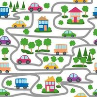 Cars, buses, trains, houses and roads, city seamless childish pattern vector