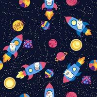 Seamless pattern with lama in a rocket, in space. Lama travels, adventures among the stars. Cute pattern with alpaca vector