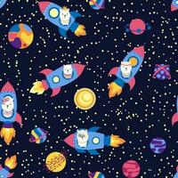 Seamless pattern with lama in a rocket, in space. Lama travels, adventures among the stars. Cute pattern with alpaca vector