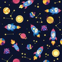 Seamless pattern with lama in a rocket, in space. Lama travels, adventures among the stars. Cute pattern with alpaca vector