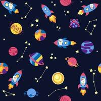 Seamless pattern with lama in a rocket, in space. Lama travels, adventures among the stars. Cute pattern with alpaca vector