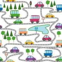 Cars, buses, trains, houses and roads, city seamless childish pattern vector