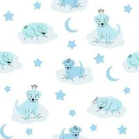 Cute sleeping puppy, clouds, stars, crown, butterflies Seamless pattern. Gentle colors. For newborns vector