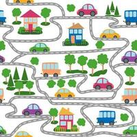 Cars, buses, trains, houses and roads, city seamless childish pattern vector