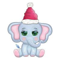 Cute cartoon elephant, childish character with beautiful eyes wearing santa hat, scarf, holding gift, christmas ball vector