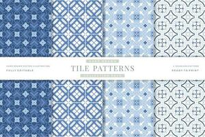 vintage blue ink tile seamless patterns collection vector